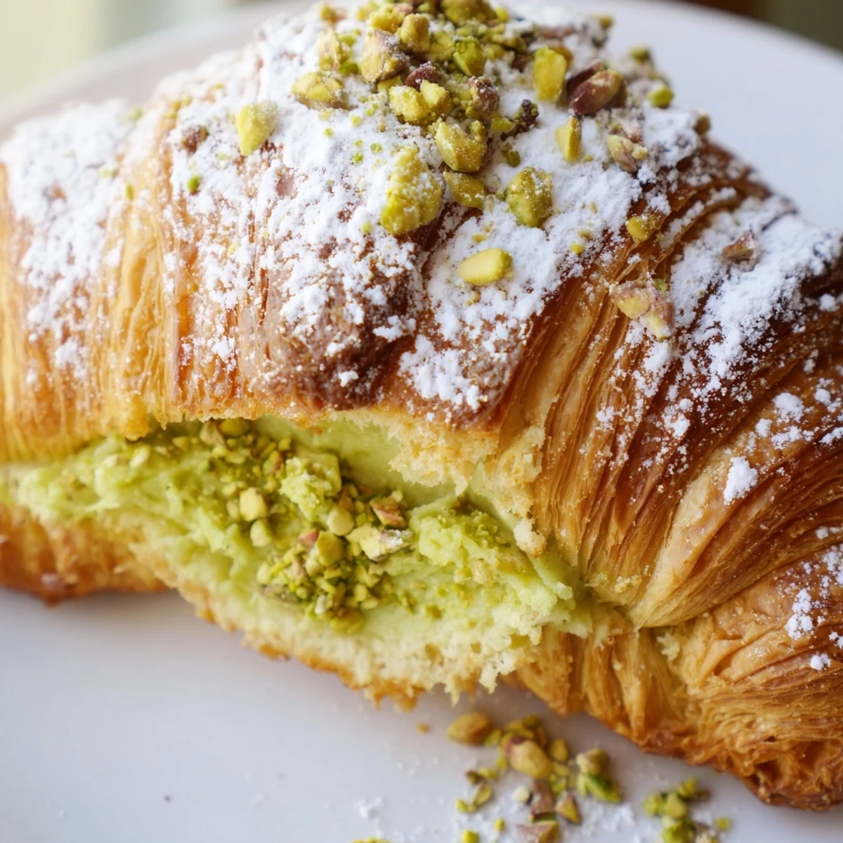Golden pistachio croissants with green cream filling dusted with powdered sugar