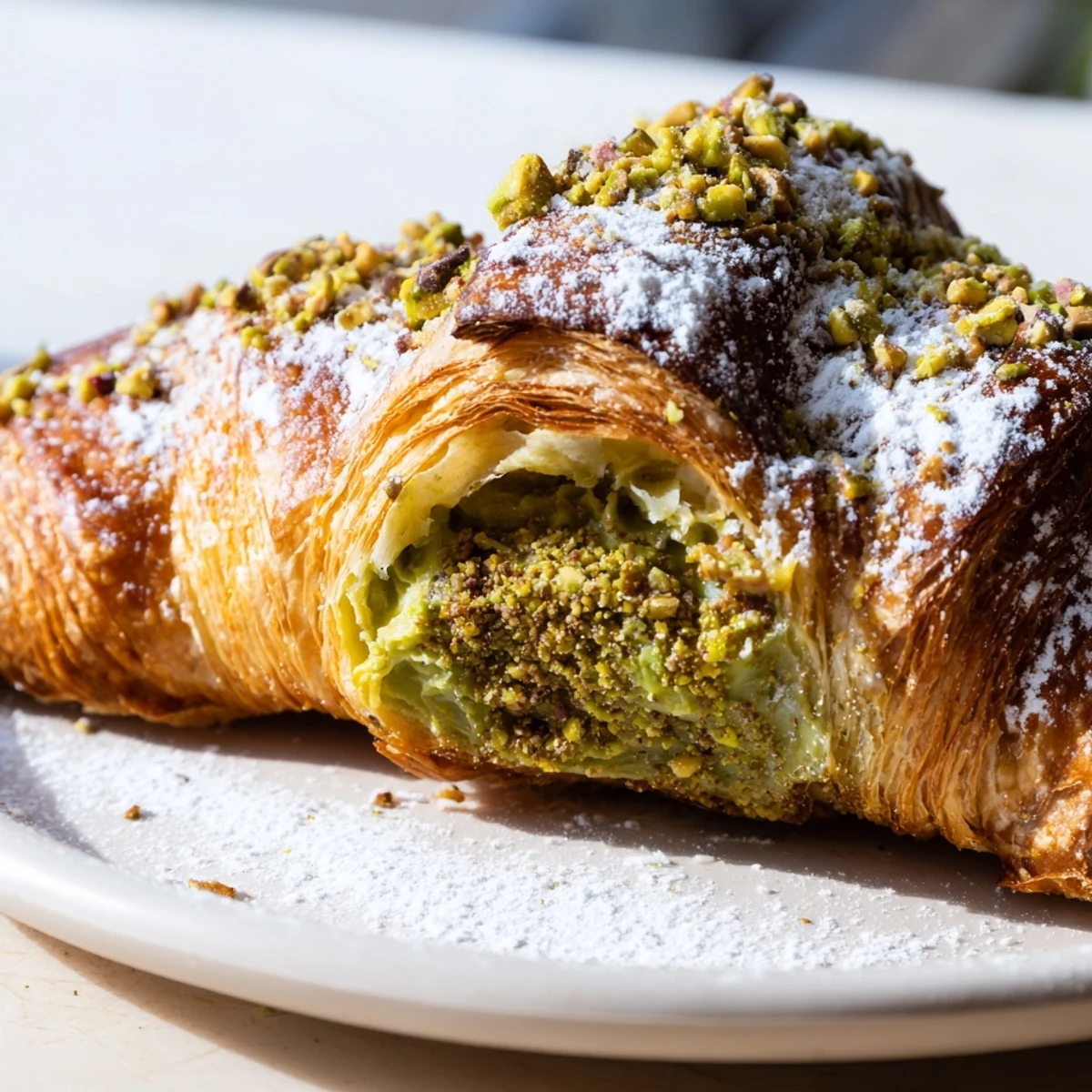 Freshly baked pistachio croissants topped with chopped nuts on a parchment-lined baking sheet