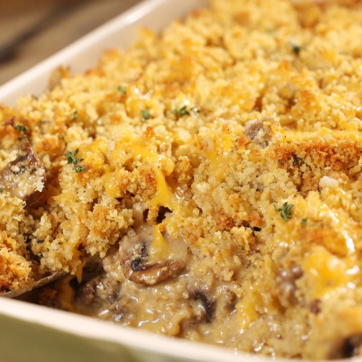 Golden bubbling hamburger mushroom bake with melted cheddar and crispy buttered breadcrumb topping