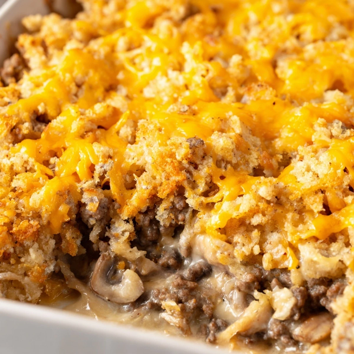 Hearty hamburger mushroom bake in a white baking dish with fresh parsley garnish
