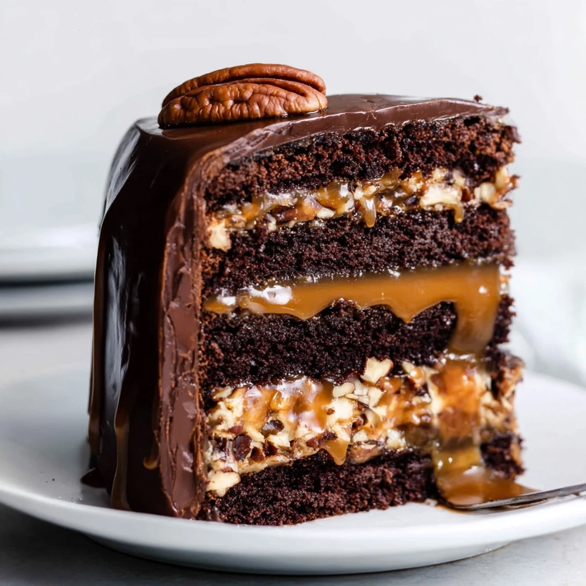 Decadent chocolate turtle cake with gooey caramel layers, crunchy pecans, and glossy ganache topping