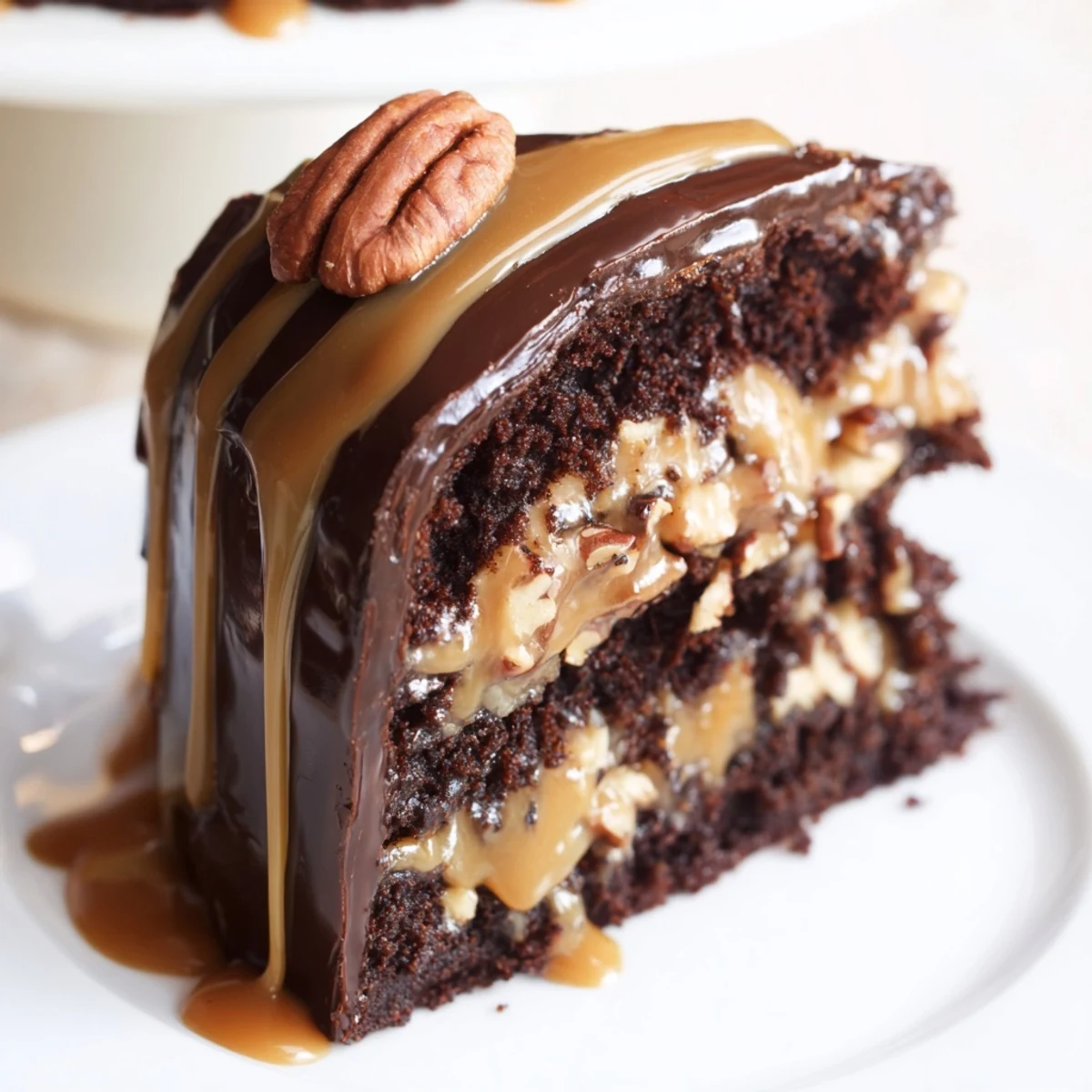 Slice of chocolate turtle cake revealing caramel filling and pecans between rich chocolate cake layers