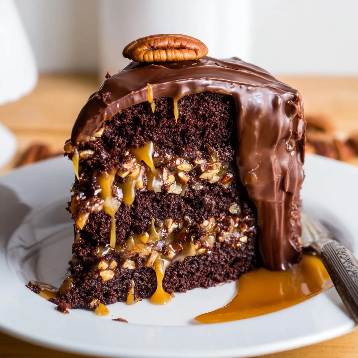 Chocolate turtle cake drizzled with warm caramel and garnished with toasted pecan halves