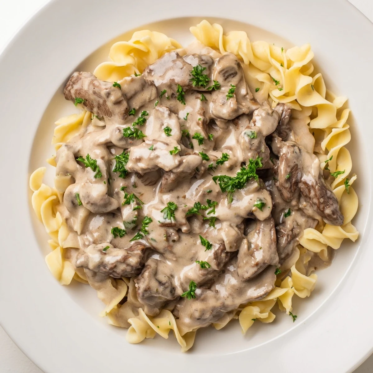 Classic beef stroganoff featuring rich sour cream sauce and fresh parsley garnish on a white plate