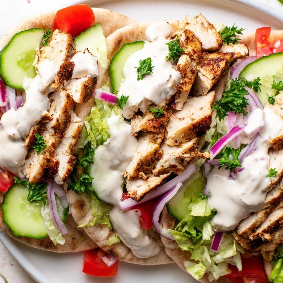 Golden roasted chicken shawarma wrapped in warm pita with fresh vegetables and drizzled with creamy garlic sauce