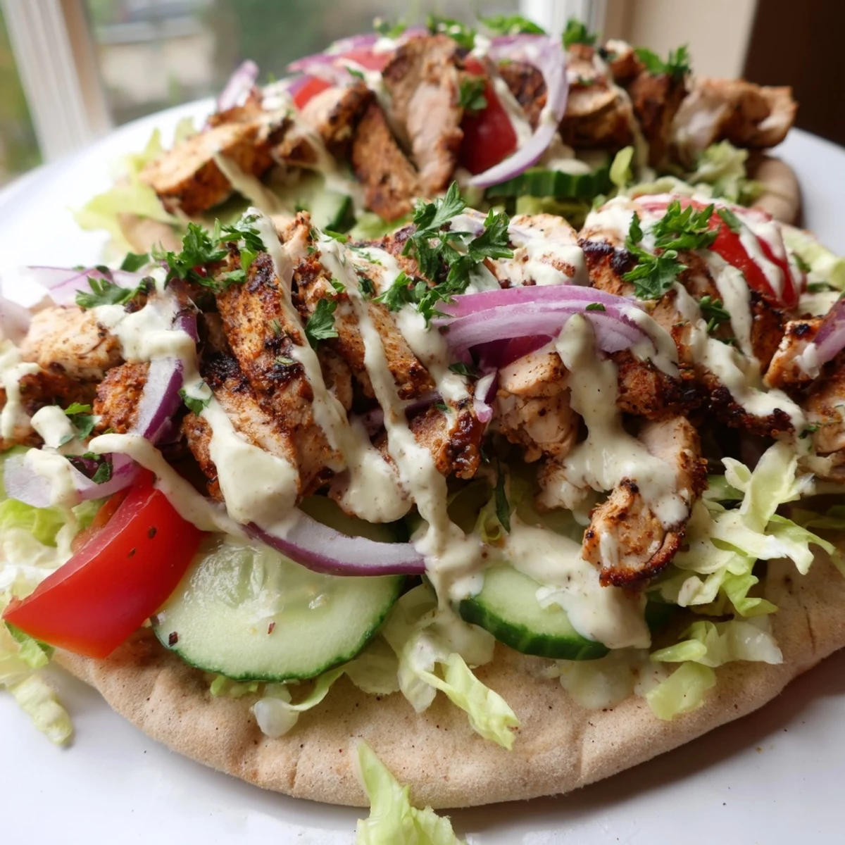 Mediterranean-style chicken shawarma wrap loaded with marinated grilled meat, crunchy veggies, and tangy homemade garlic sauce