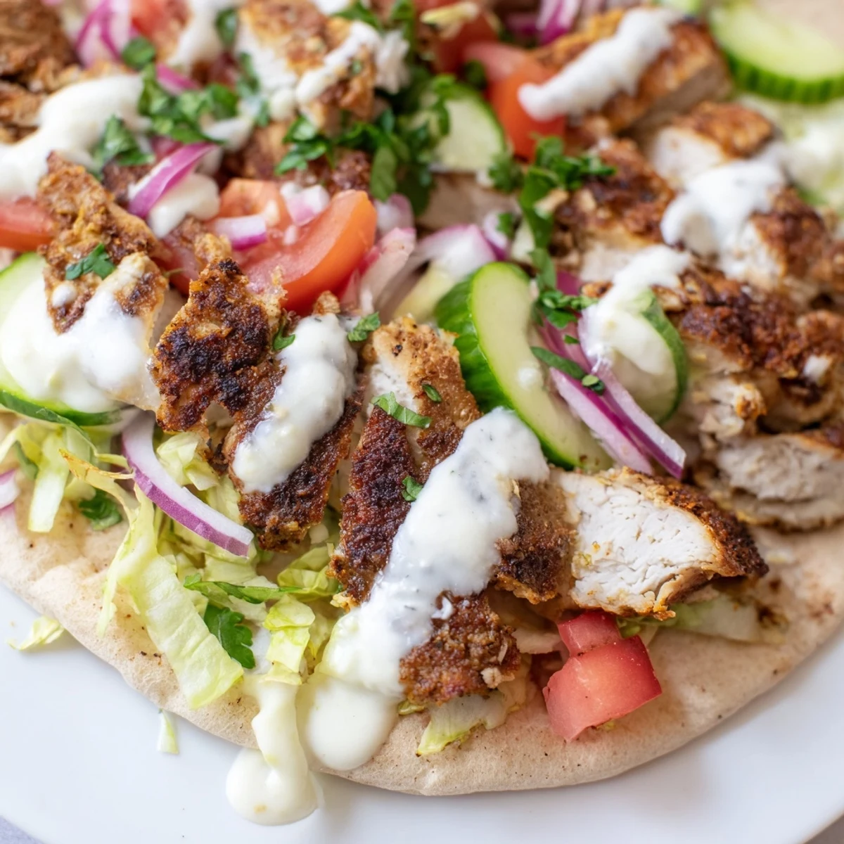 Sliced spiced chicken thighs nestled in fluffy pita bread topped with crisp lettuce, tomatoes, and rich white garlic sauce