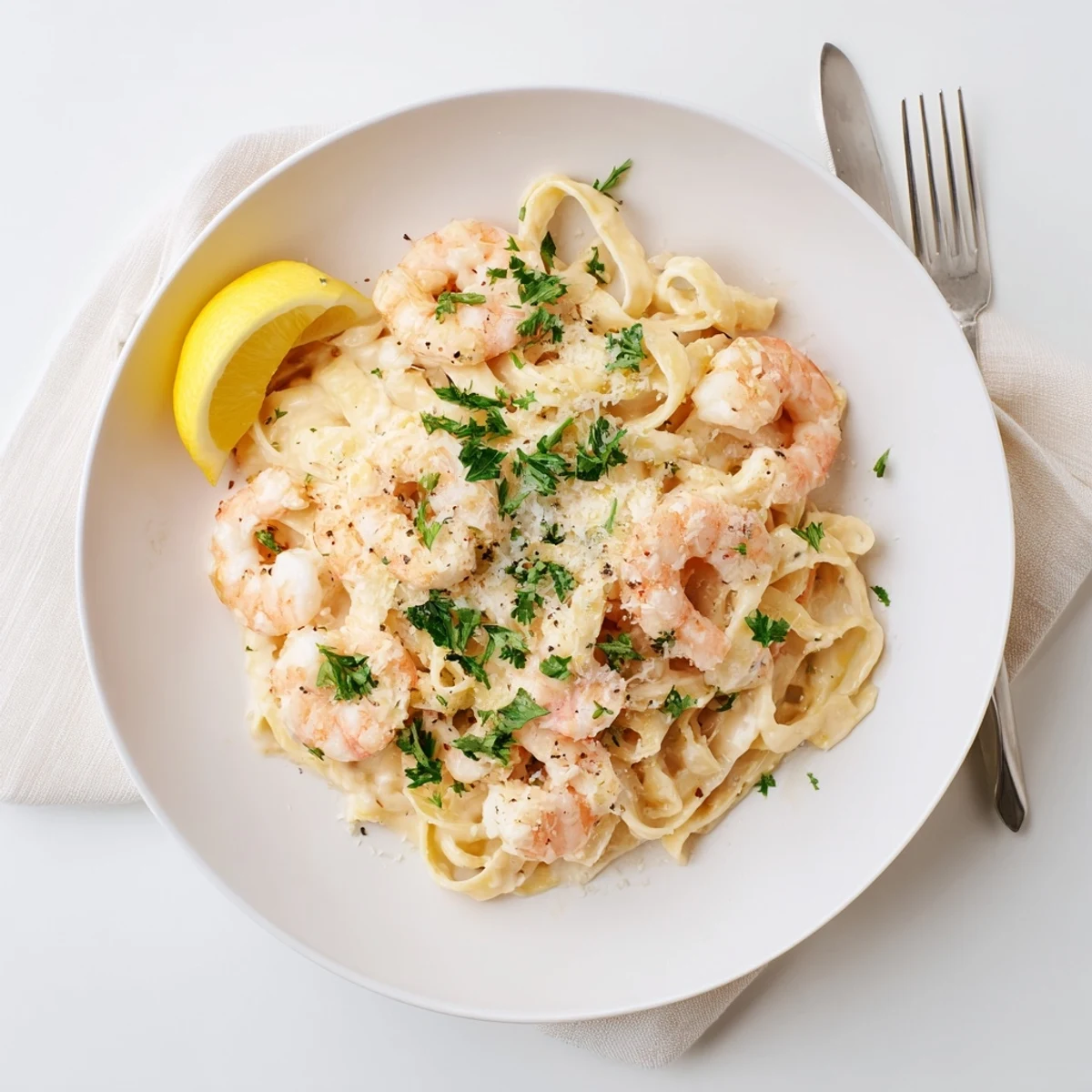Homemade Alfredo sauce clings to fettuccine pasta with plump shrimp and green parsley