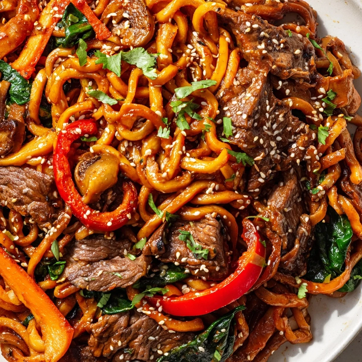 Steaming bowl of Korean beef noodles with tender beef slices, colorful vegetables, and chewy sweet potato noodles coated in glossy gochujang sauce