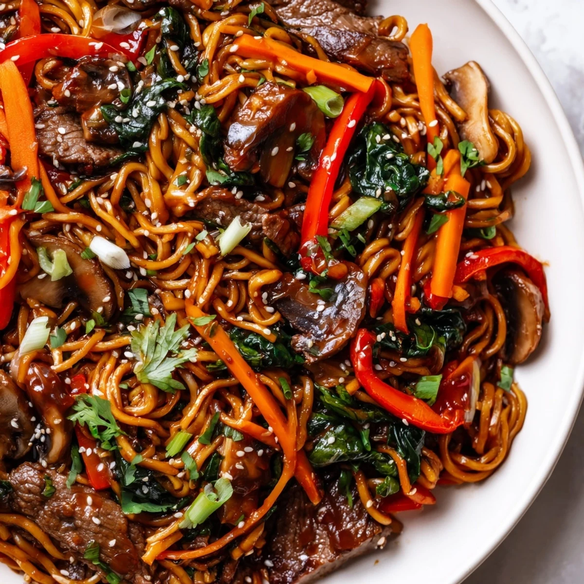 Close-up of savory Korean beef noodles featuring stir-fried beef, crisp bell peppers, carrots, and spring onions tossed in spicy-sweet sauce