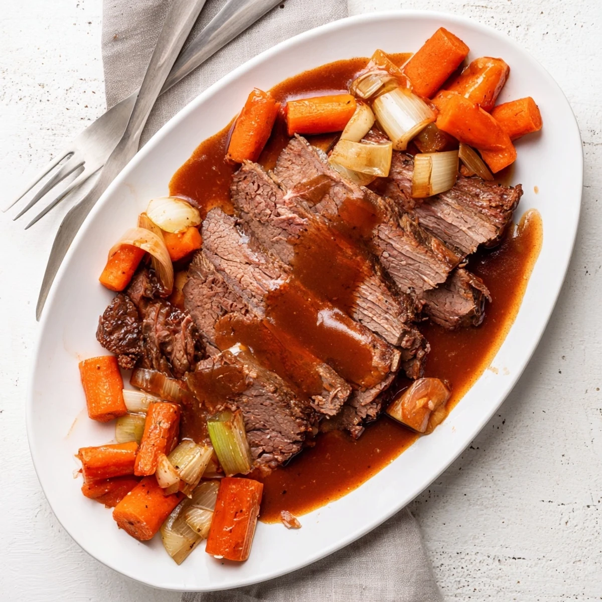 Sliced slow cooker beef brisket drizzled with rich dark sauce beside tender carrots and onions