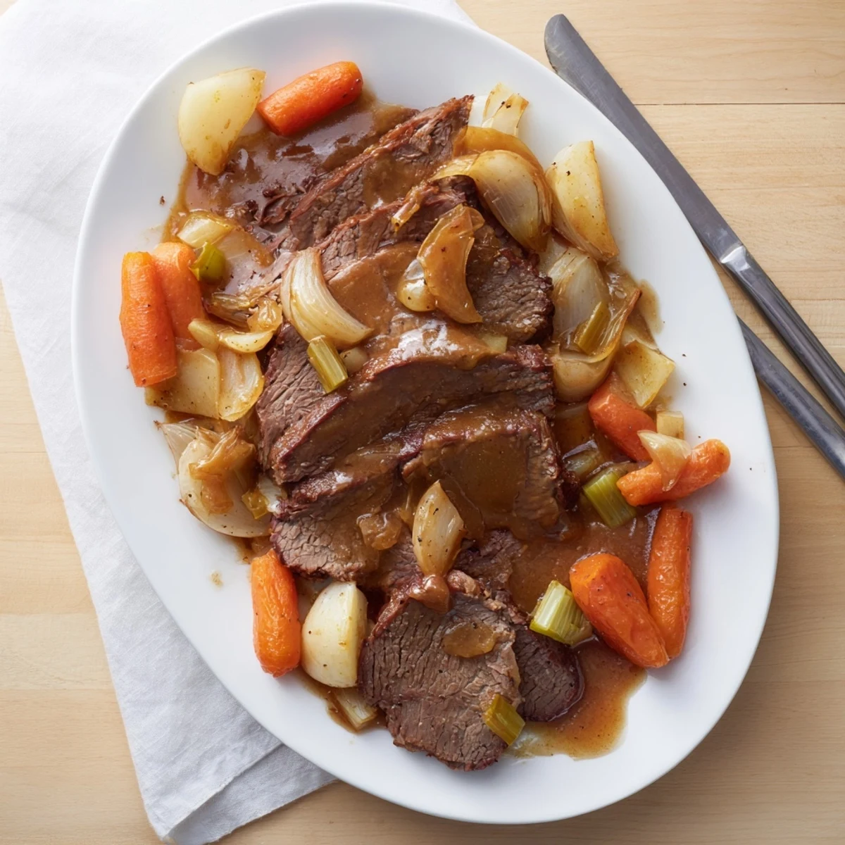 Golden slow cooker beef brisket arranged with aromatic vegetables in a glossy red-brown sauce