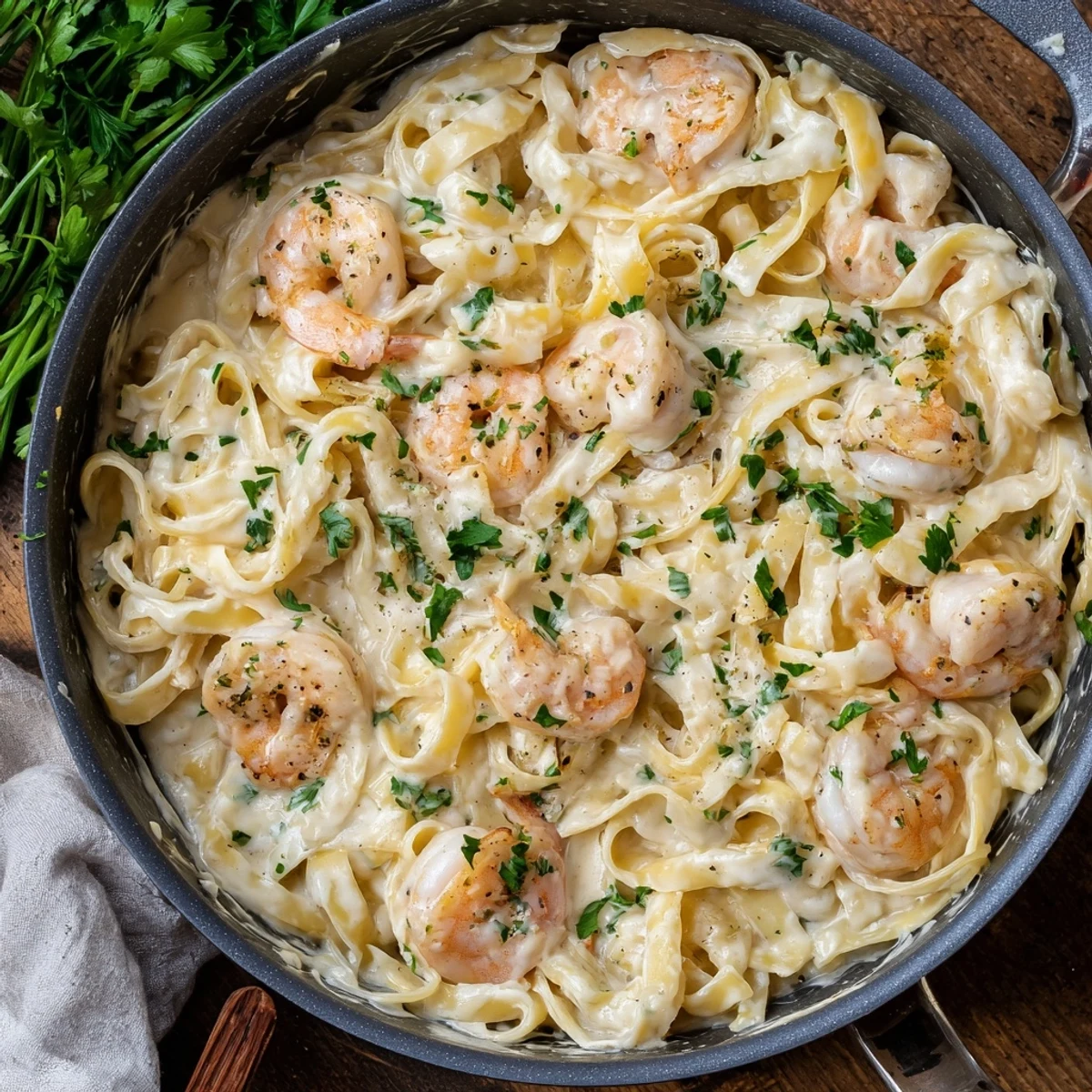 Twisted fettuccine pasta coated in white Alfredo sauce with juicy shrimp cooked in single skillet