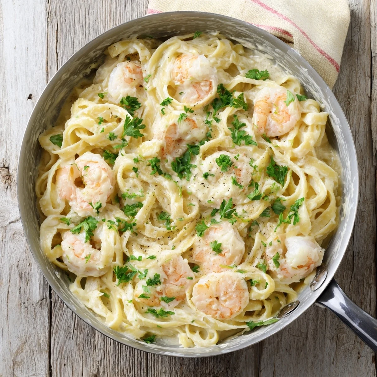 Garnished one pan shrimp fettuccine Alfredo featuring plump seafood and melted Parmesan over golden noodles