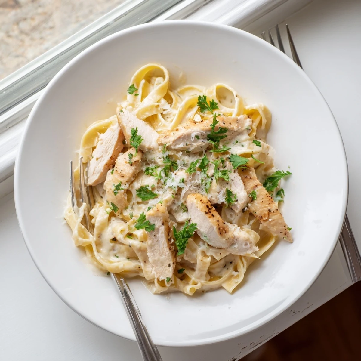 Creamy chicken alfredo pasta features sliced chicken breast over fettuccine coated in rich white parmesan sauce