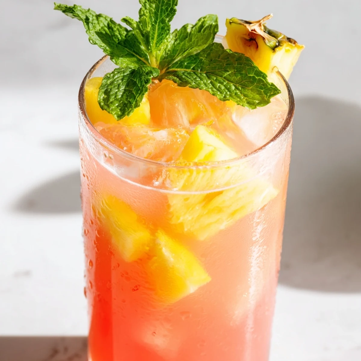 Glass pitcher filled with vibrant pink pineapple lemonade garnished with fresh mint and fruit slices
