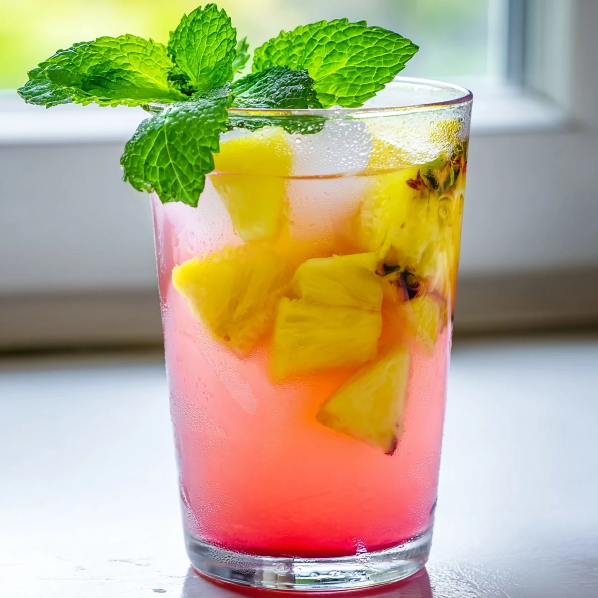 Refreshing pineapple pink lemonade served over ice in clear glasses with pineapple wedge garnish