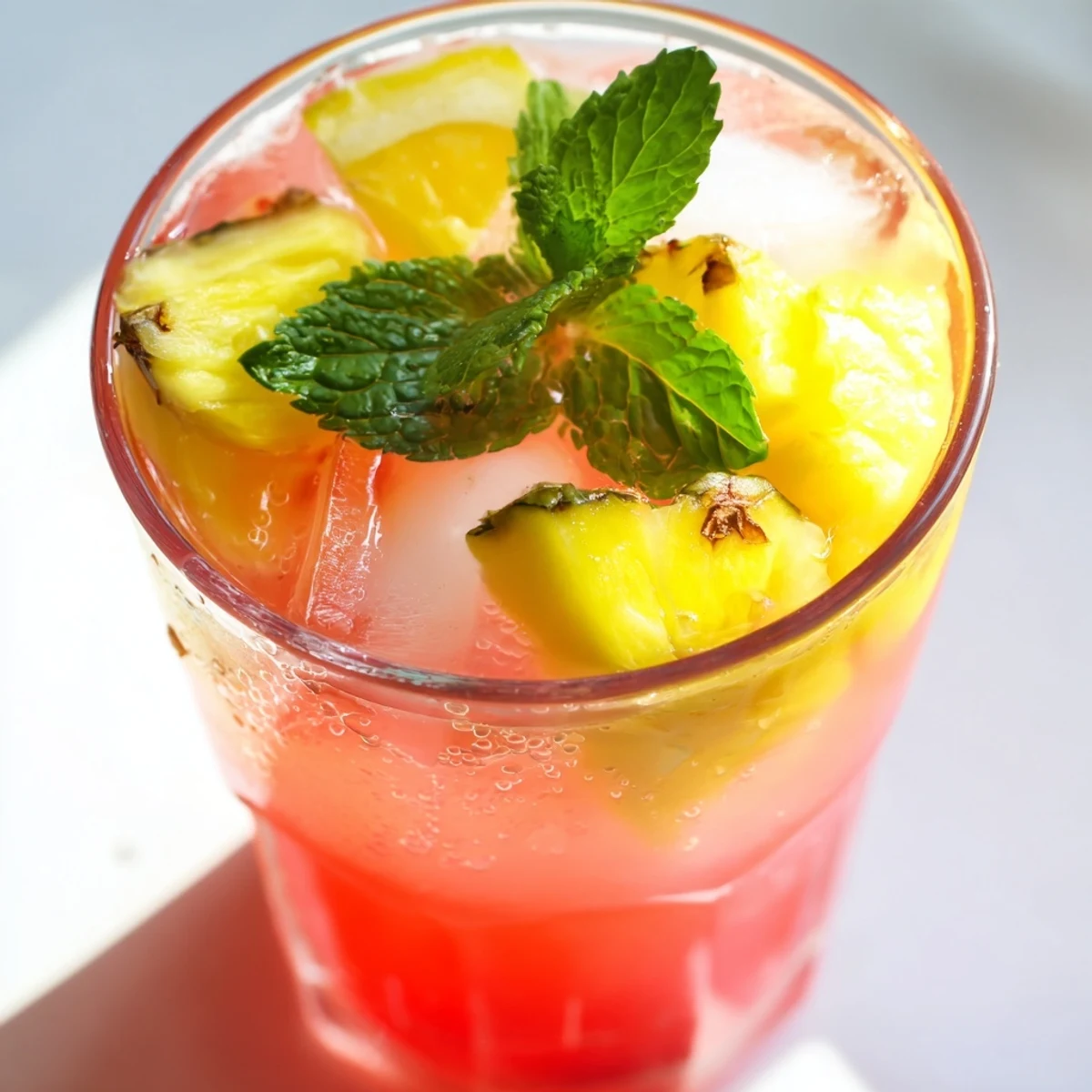 Tropical pineapple pink lemonade displaying bright pink hue with lemon and strawberry accents