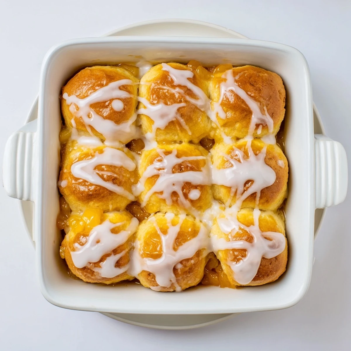 Golden peach butter swim biscuits drizzled with sweet vanilla glaze on a white plate