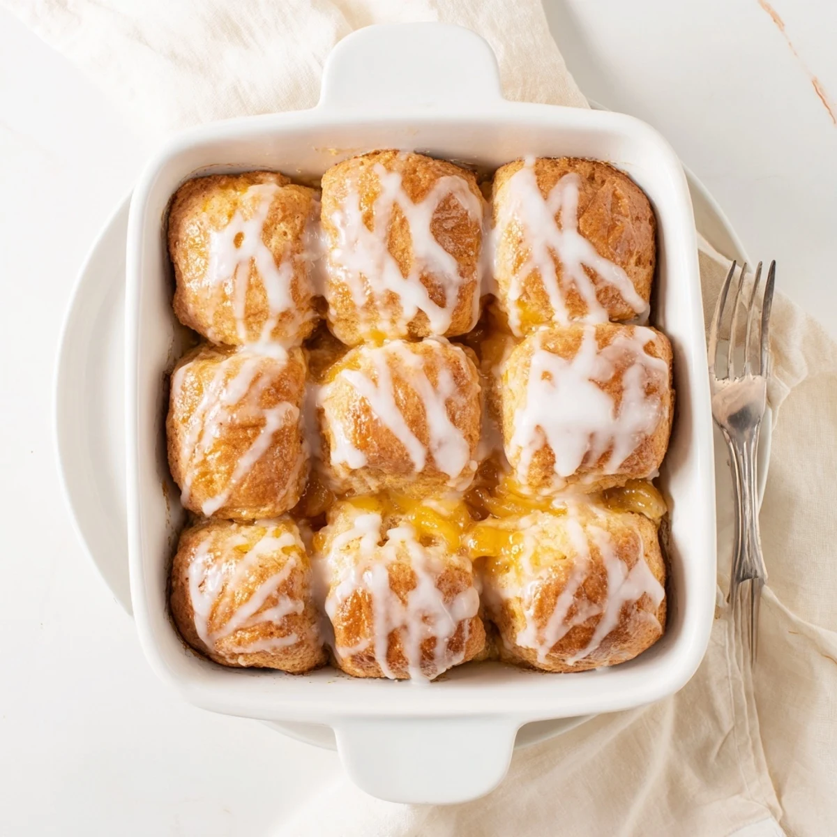 Nine tender golden squares swimming in peach preserves finished with a luscious vanilla glaze