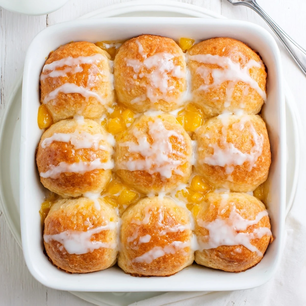 Warm homemade biscuits baked in melted peach butter topped with creamy vanilla icing