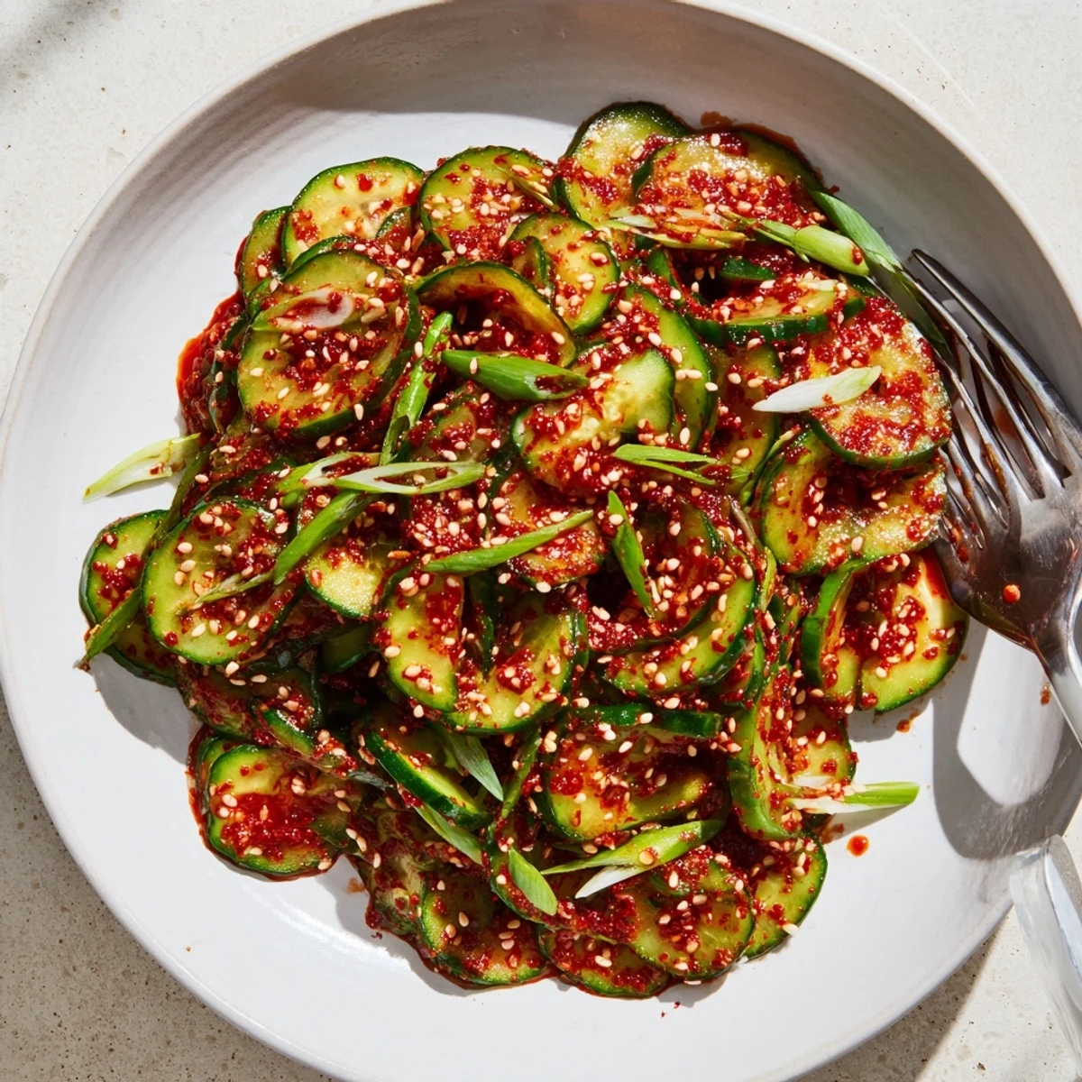 Fresh Korean cucumber salad featuring crisp slices tossed in spicy gochugaru dressing and sesame seeds