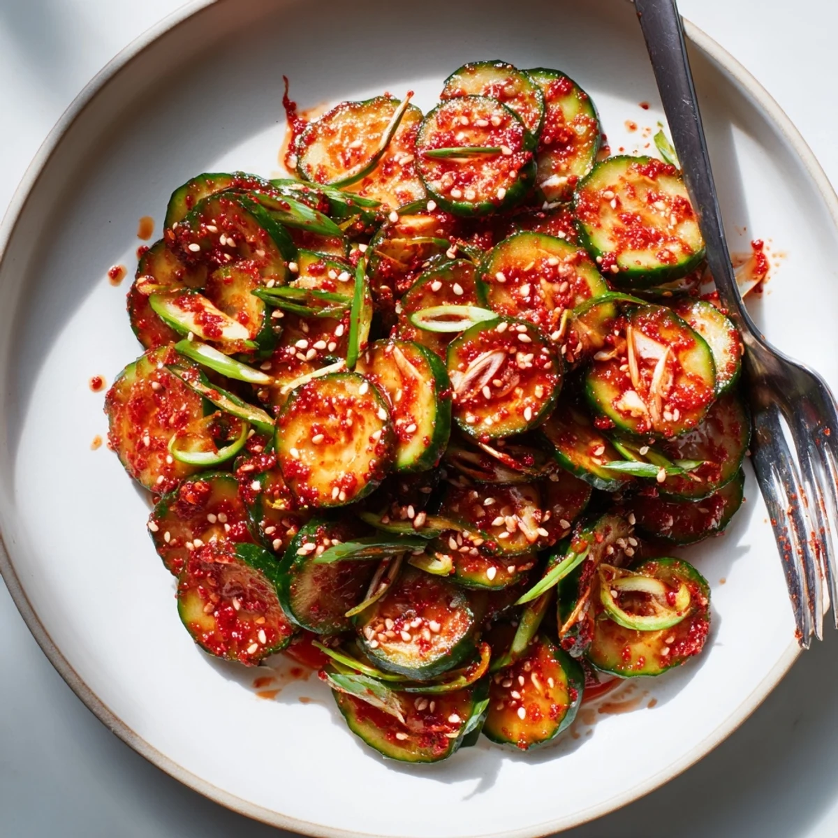 Crisp Korean cucumber salad coated in sweet and spicy sesame oil dressing with toasted sesame seed topping