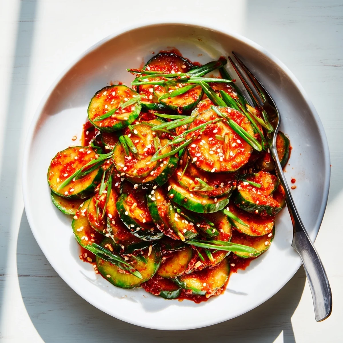 Vibrant Korean cucumber salad bowl with red chili flakes and green onion garnish ready to serve