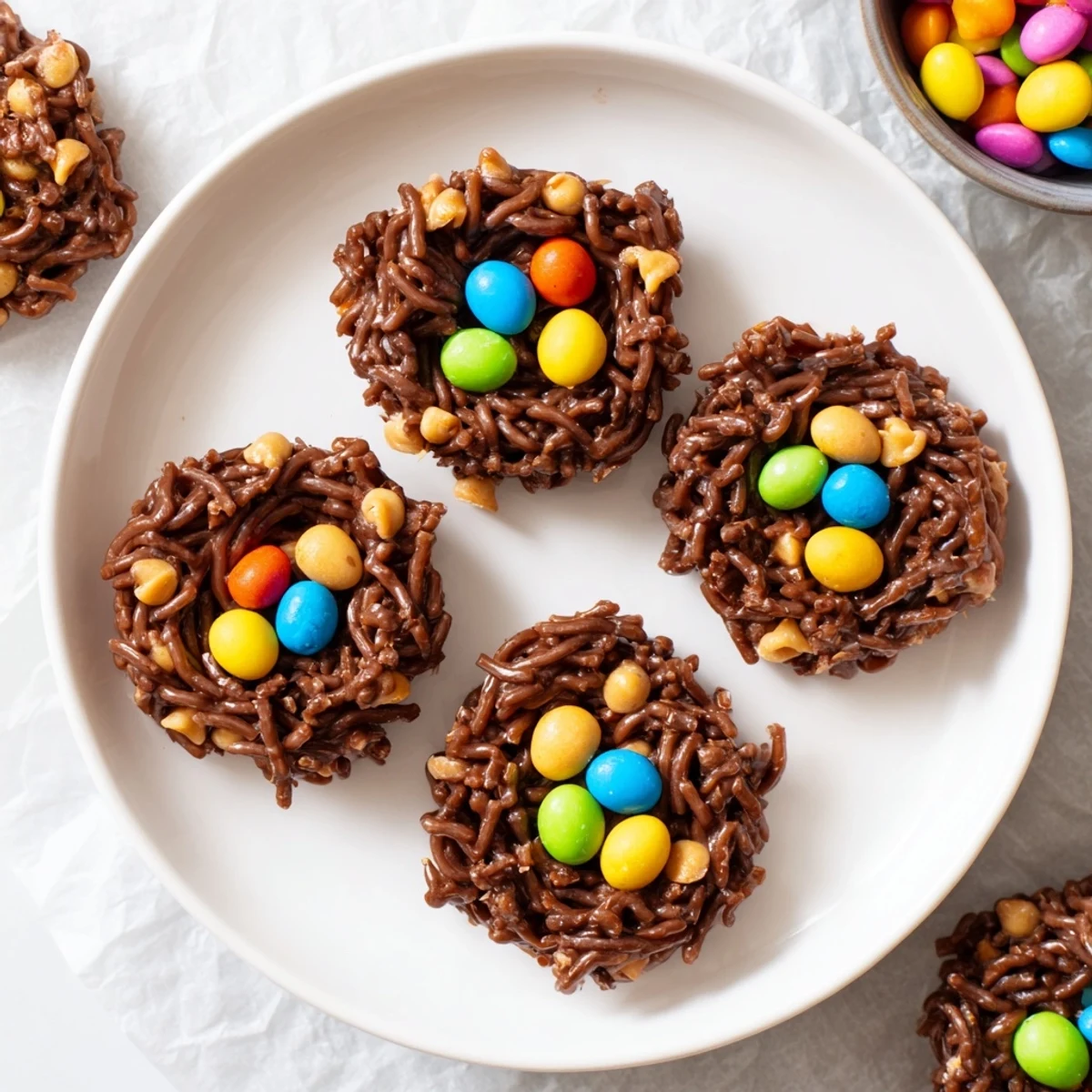 No bake birds nest cookies with chow mein noodles coated in glossy chocolate peanut butter and topped with colorful candy eggs