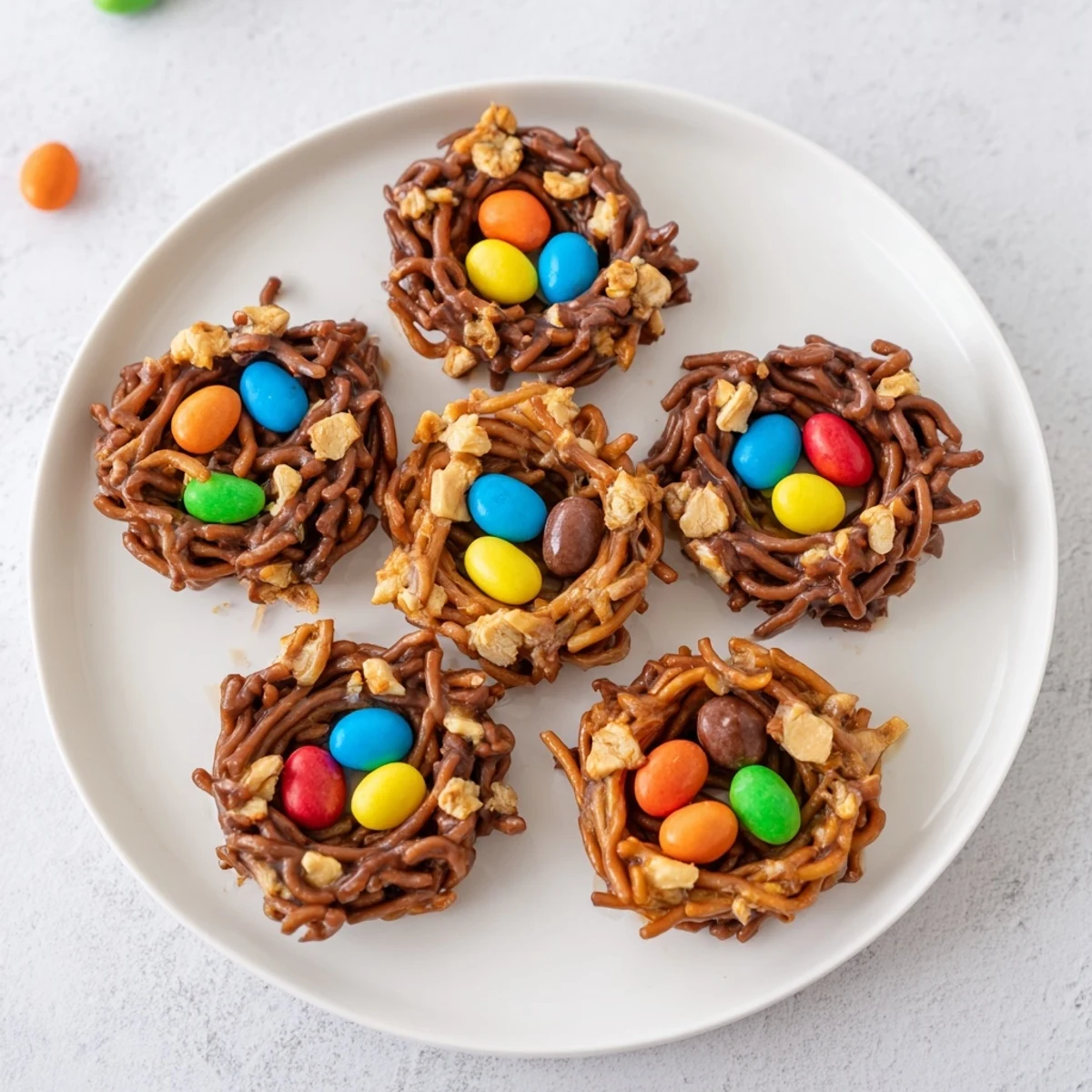 Chocolatey no bake birds nest cookies arranged on parchment paper, featuring crunchy noodle nests filled with pastel egg candies