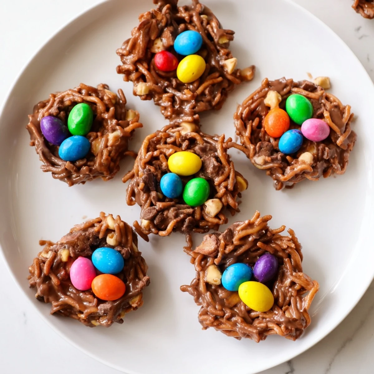 Close-up of no bake birds nest cookies showing melted chocolate mixture shaped into nests with vibrant candy eggs nestled inside