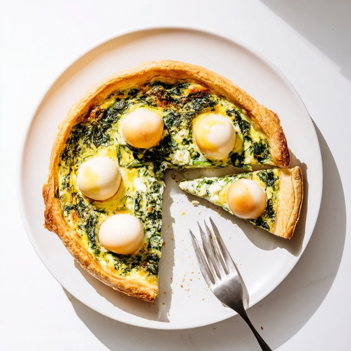 Golden Easter tart with tender pastry crust filled with creamy ricotta spinach and baked whole eggs