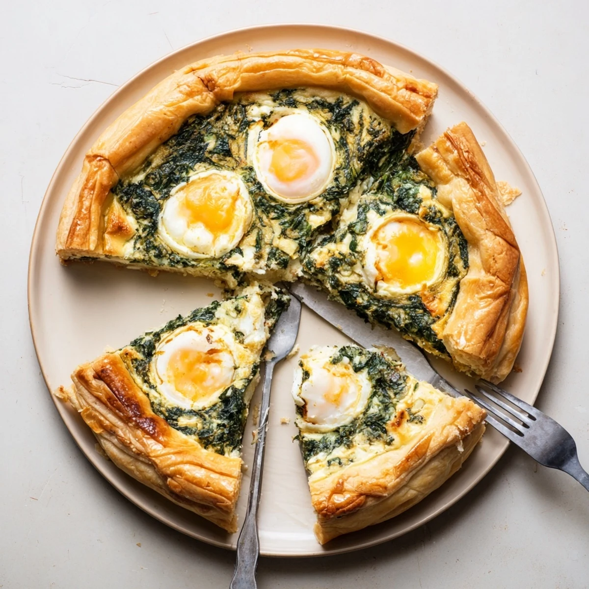 Savory Italian Easter tart sliced to reveal fluffy ricotta spinach filling and perfectly cooked egg yolks