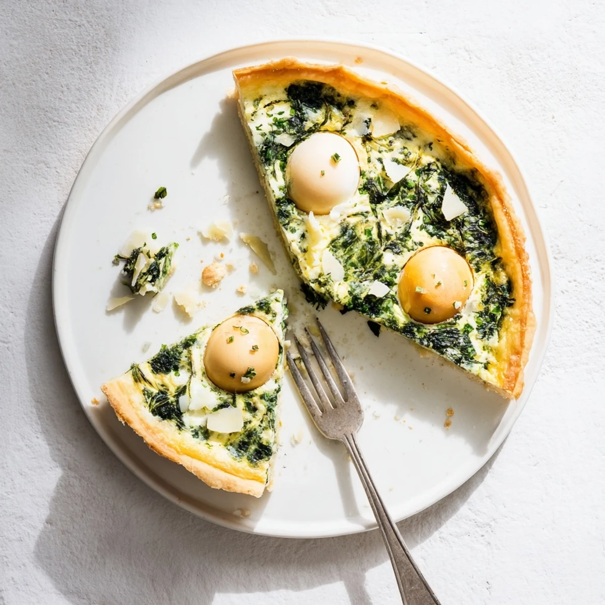 Spring Easter tart featuring golden flaky crust topped with grated Parmesan and rich egg center