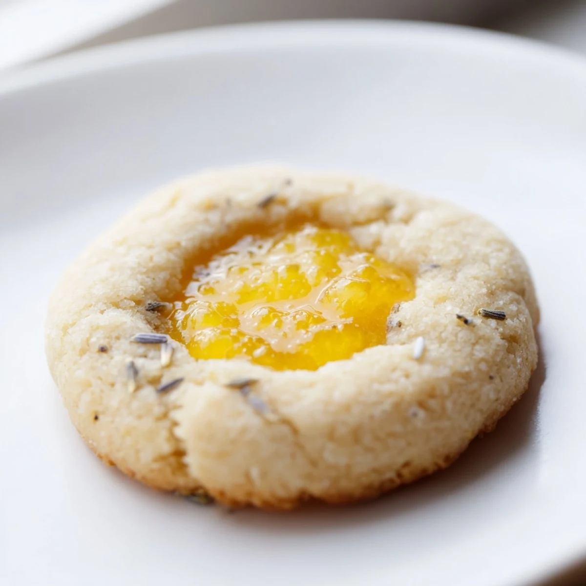 Golden lemon lavender thumbprint cookies filled with tangy lemon curd on a white baking sheet