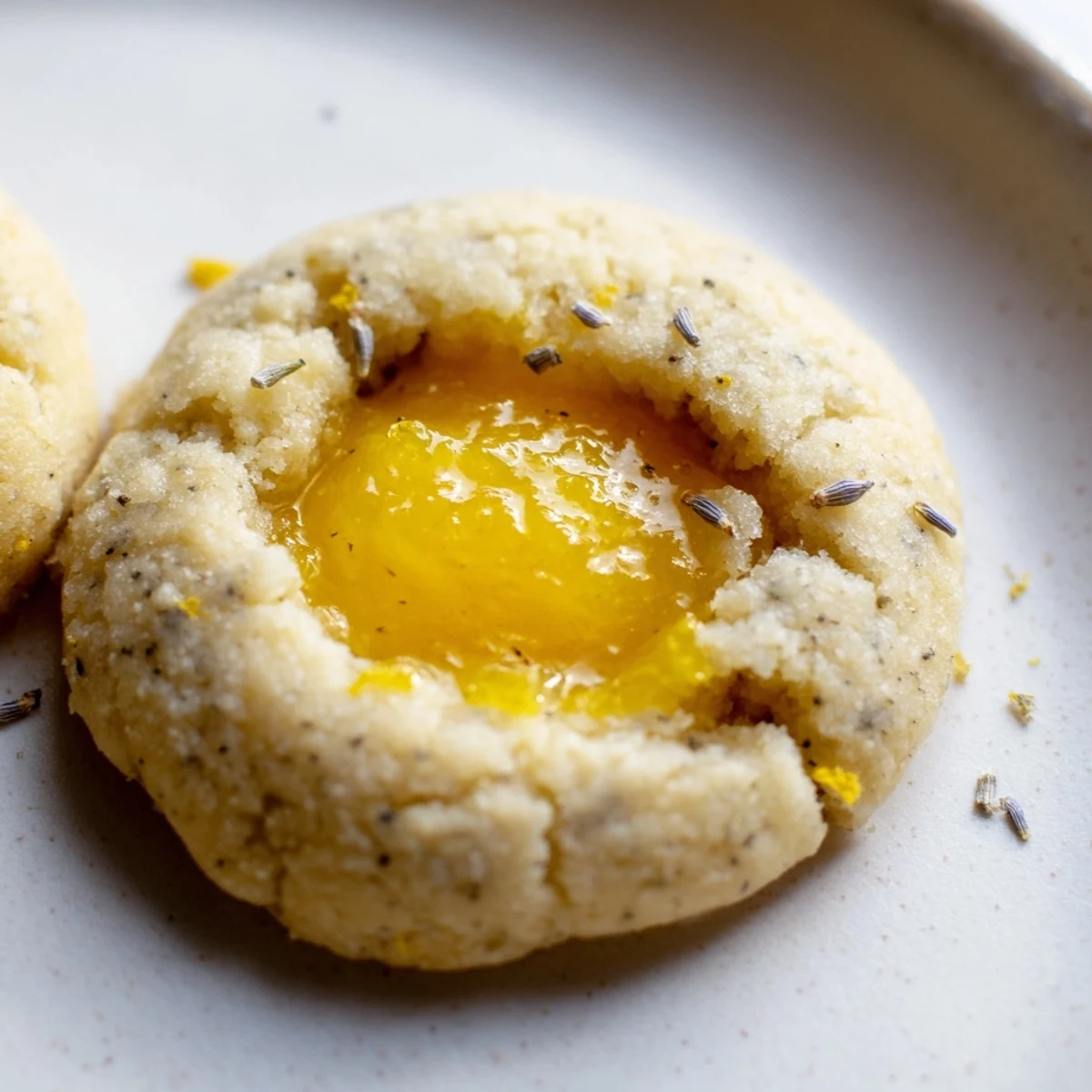 Buttery shortbread thumbprint cookies with bright lemon curd centers scattered on a wire cooling rack