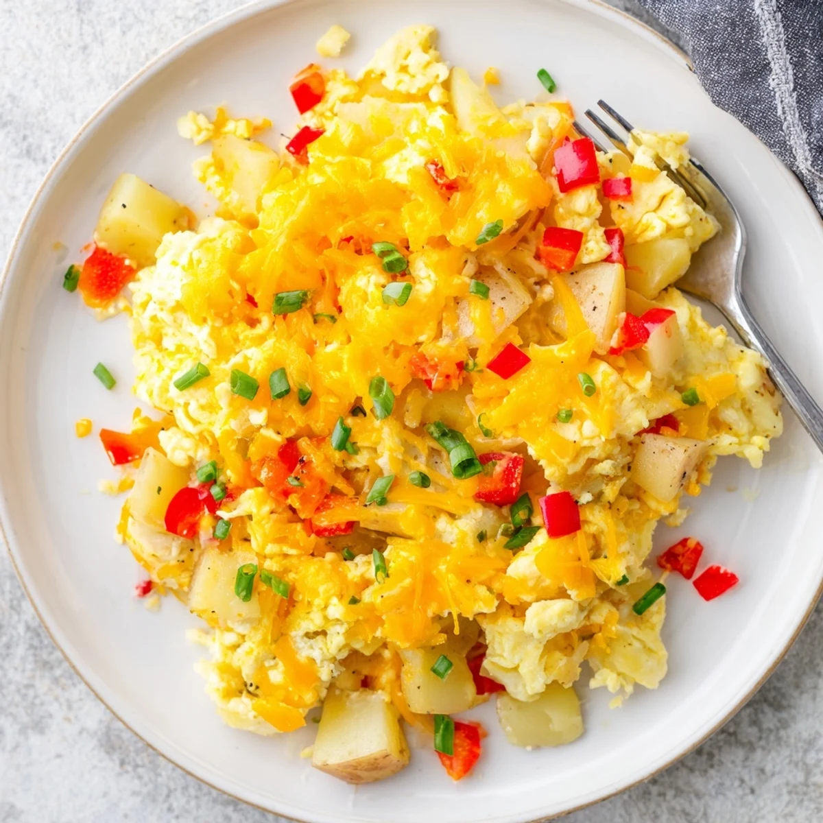 Golden cheesy potato egg scramble with melty cheddar and fluffy curds in a skillet