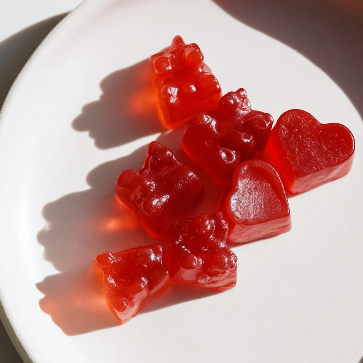 Chewy homemade strawberry gummies arranged on a white plate with fresh strawberry halves