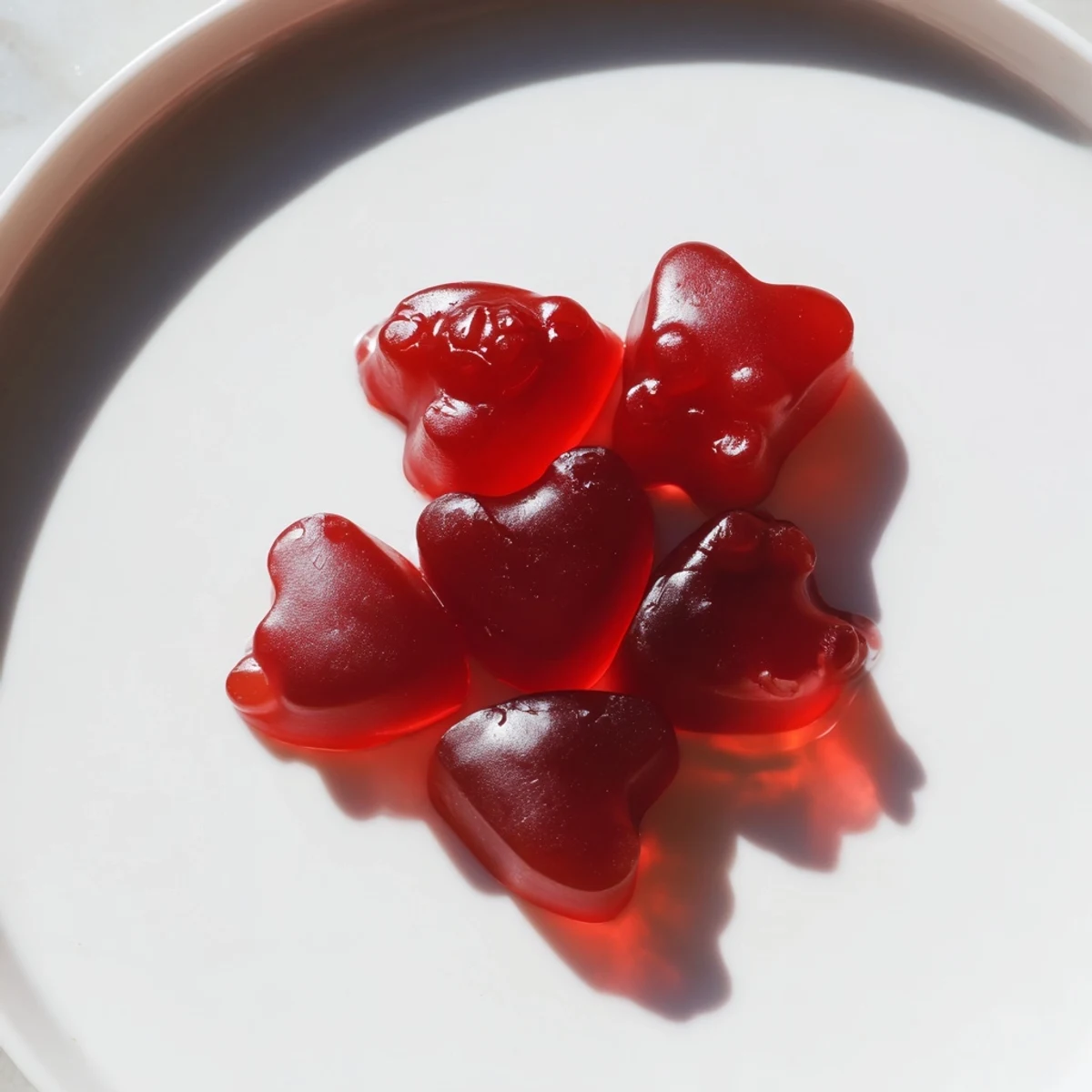 Glass bowl filled with bright red homemade strawberry gummies garnished with fresh mint leaves