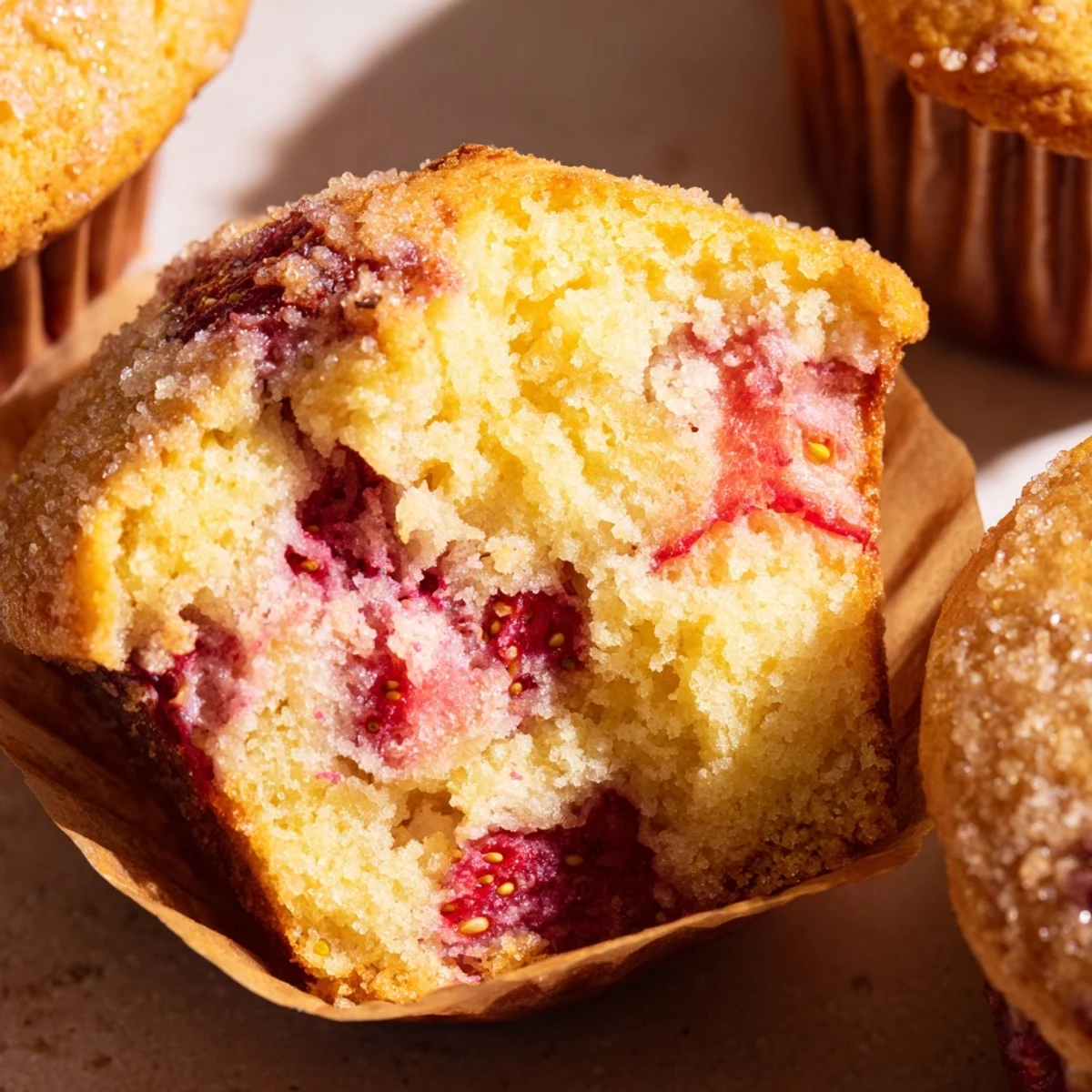 Fresh strawberry muffins topped with sparkling coarse sugar on a white baking tin