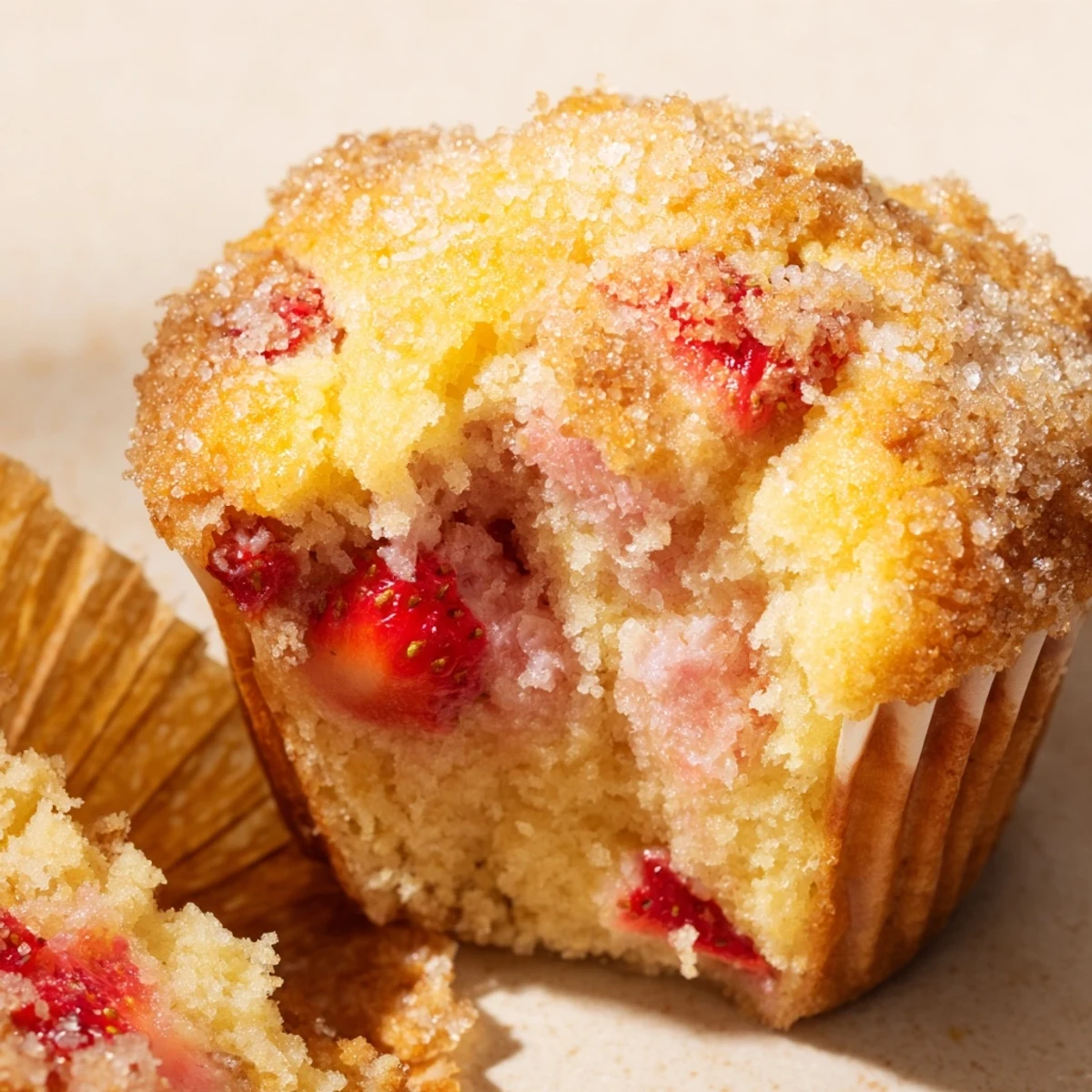 Golden bakery style muffins studded with red juicy strawberries and crunchy sugar crystals