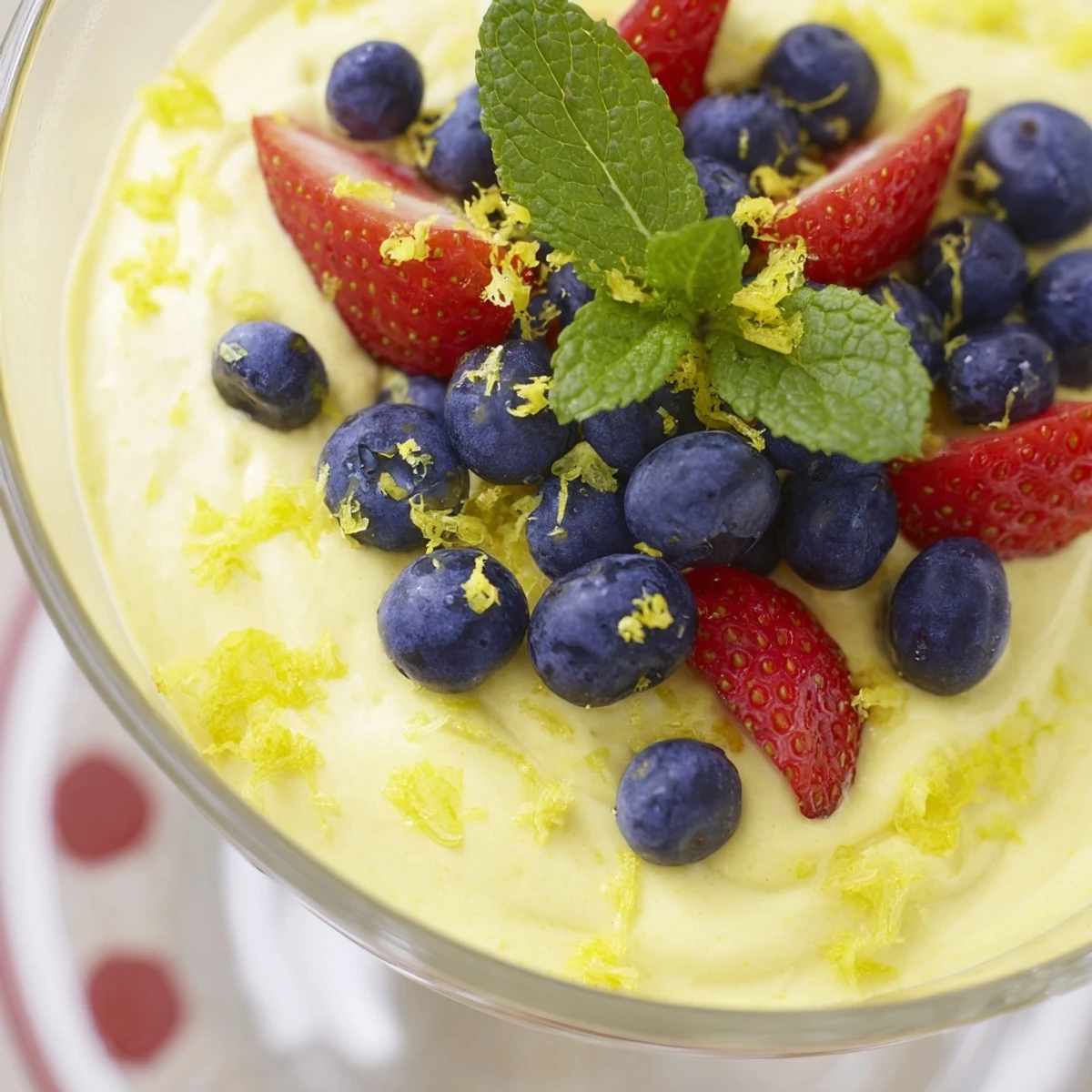 Creamy no bake lemon mascarpone mousse topped with fresh berries and mint in clear glass