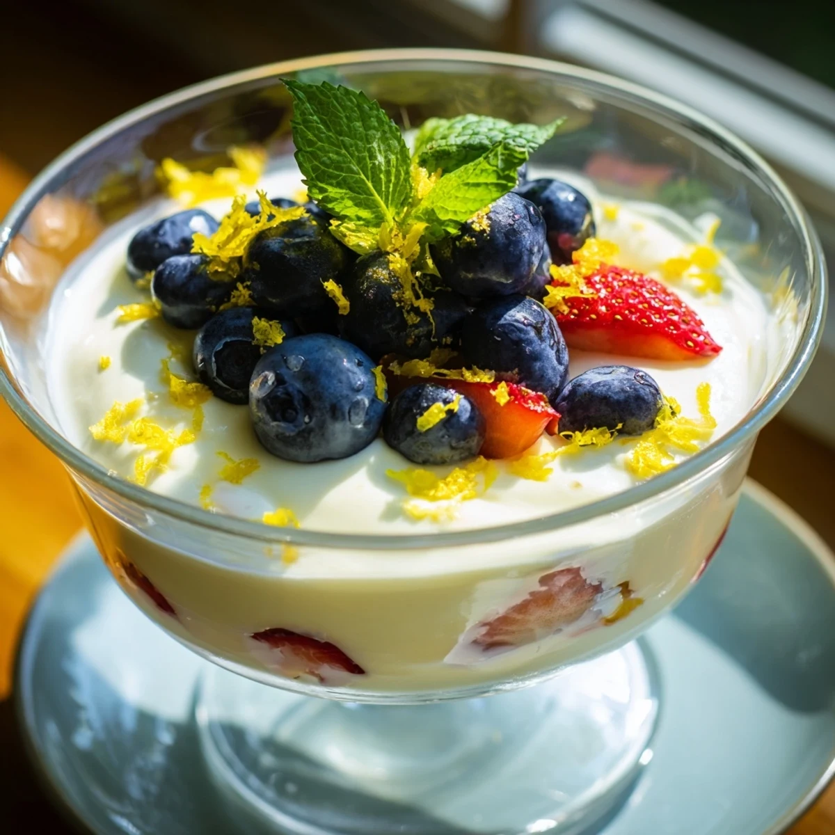 Light and fluffy lemon mascarpone mousse dessert with vibrant lemon zest garnish on white plate