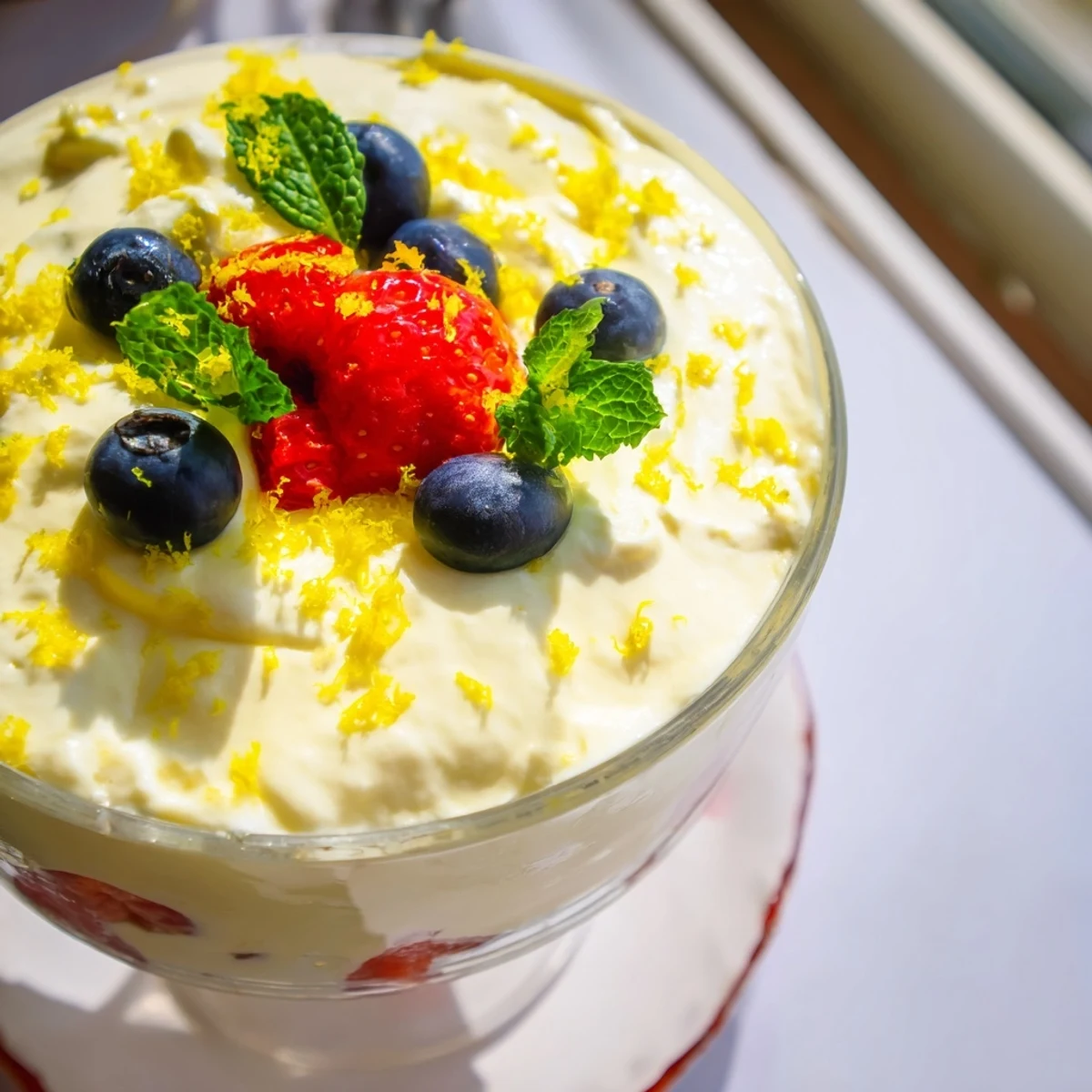 Velvety smooth no bake lemon mascarpone mousse served chilled with fresh seasonal berry topping