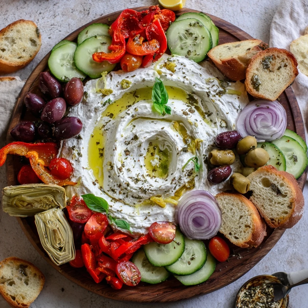 Creamy Mediterranean ricotta board topped with colorful roasted vegetables and fresh herbs on a wooden serving platter