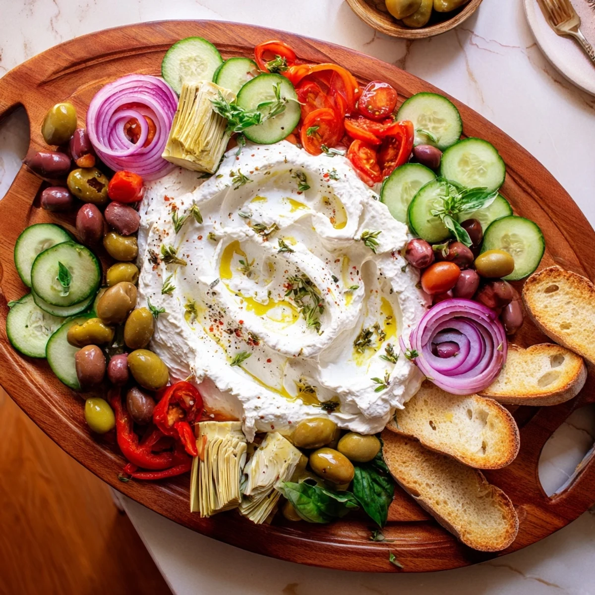 Vibrant Mediterranean ricotta appetizer spread with cherry tomatoes, olives, and toasted baguette slices for entertaining