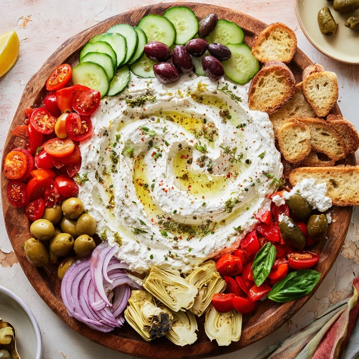 Mediterranean ricotta cheese board featuring artichoke hearts, cucumber, red peppers, and aromatic basil garnish