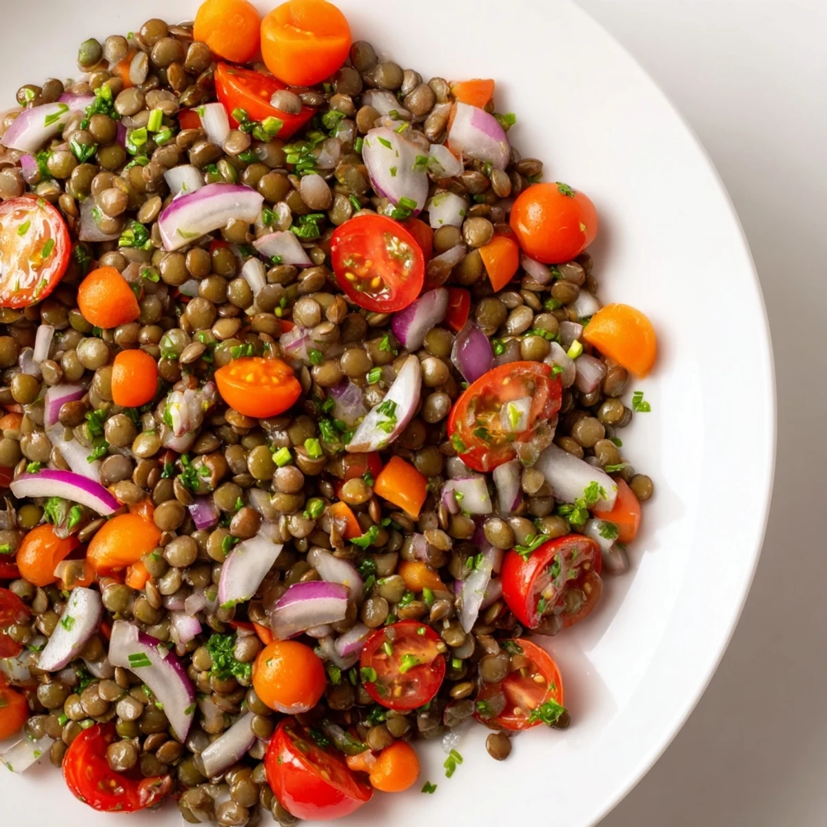 Colorful French lentil salad with diced vegetables and fresh herbs drizzled with tangy Dijon vinaigrette