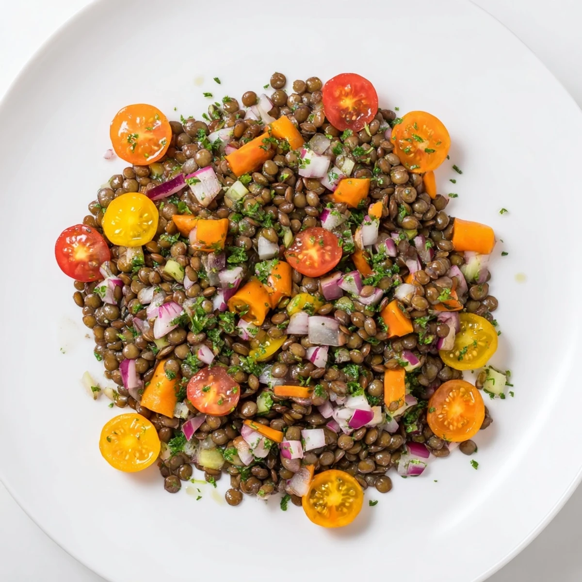 Tender French green lentils tossed with crisp vegetables and zesty mustard dressing in a white bowl