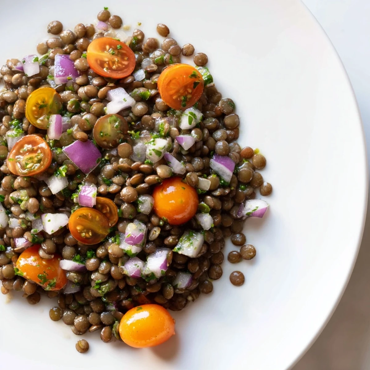Close-up of vibrant French lentil salad featuring cherry tomatoes and parsley coated in lemon vinaigrette